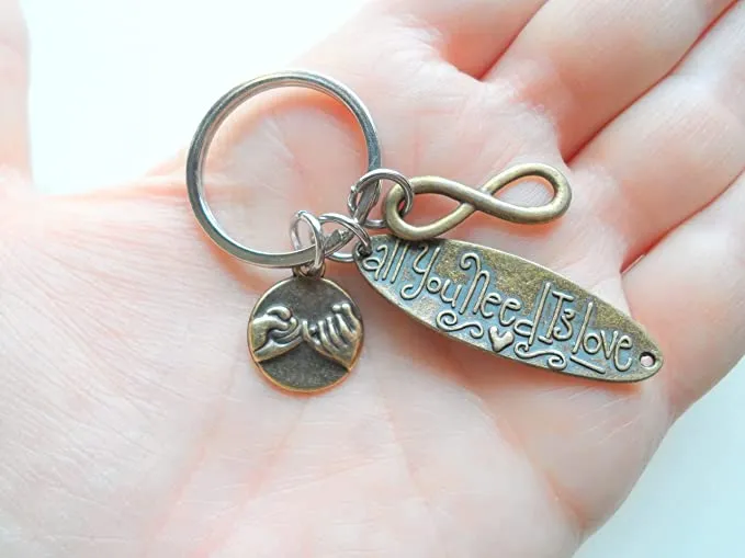 Bronze Infinity Charm, Pinky Promise & All You Need Is Love Tag Charm, Couples Keychain