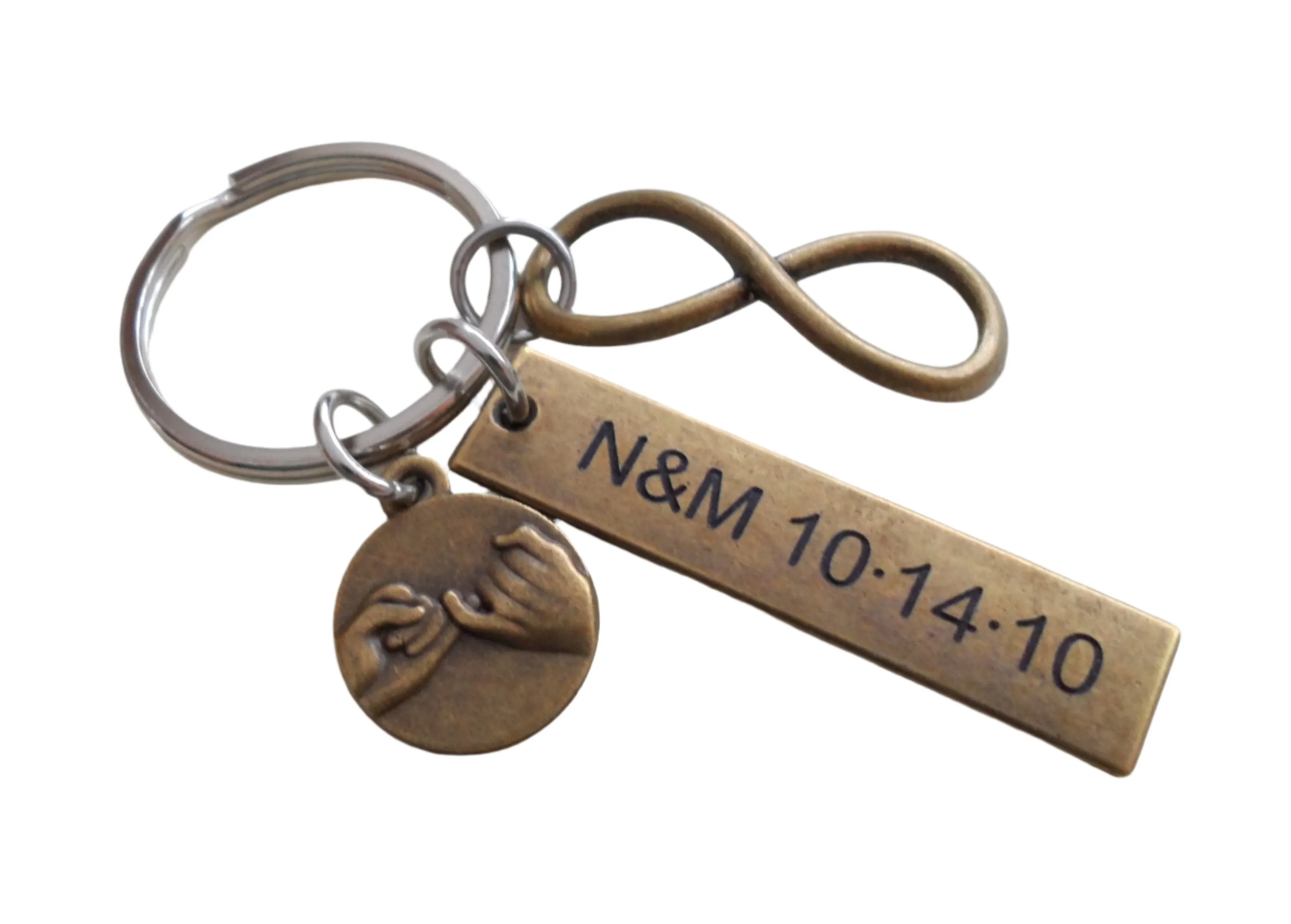 Bronze Infinity Symbol & Pinky Promise Charm Keychain with Custom Engraved Tag, Couples Gift, 8 Year Anniversary or 19 Year Anniversary Gift