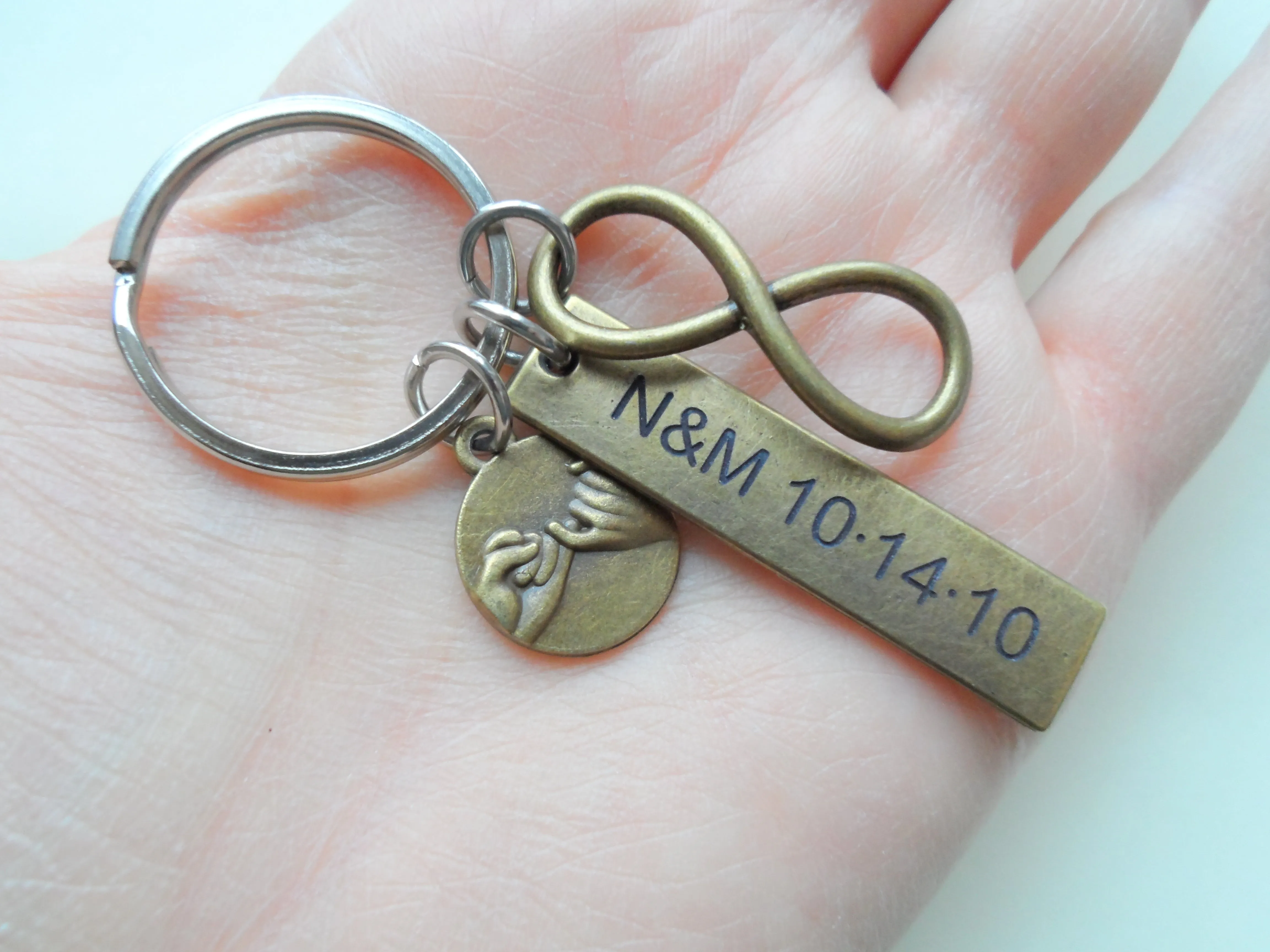 Bronze Infinity Symbol & Pinky Promise Charm Keychain with Custom Engraved Tag, Couples Gift, 8 Year Anniversary or 19 Year Anniversary Gift