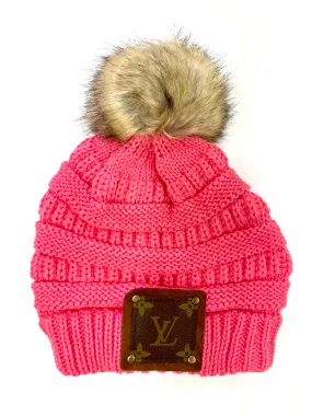 Bubblegum Pink Beanie with brown patch antique hardware