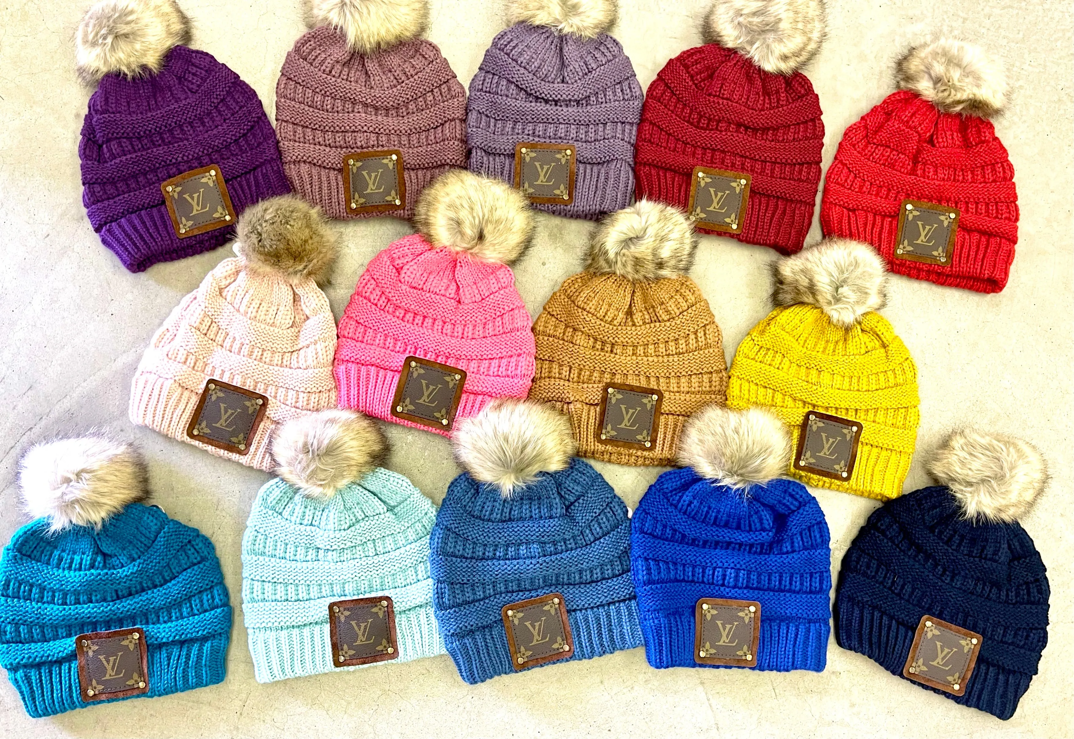 Royal Blue Beanie with brown patch antique hardware