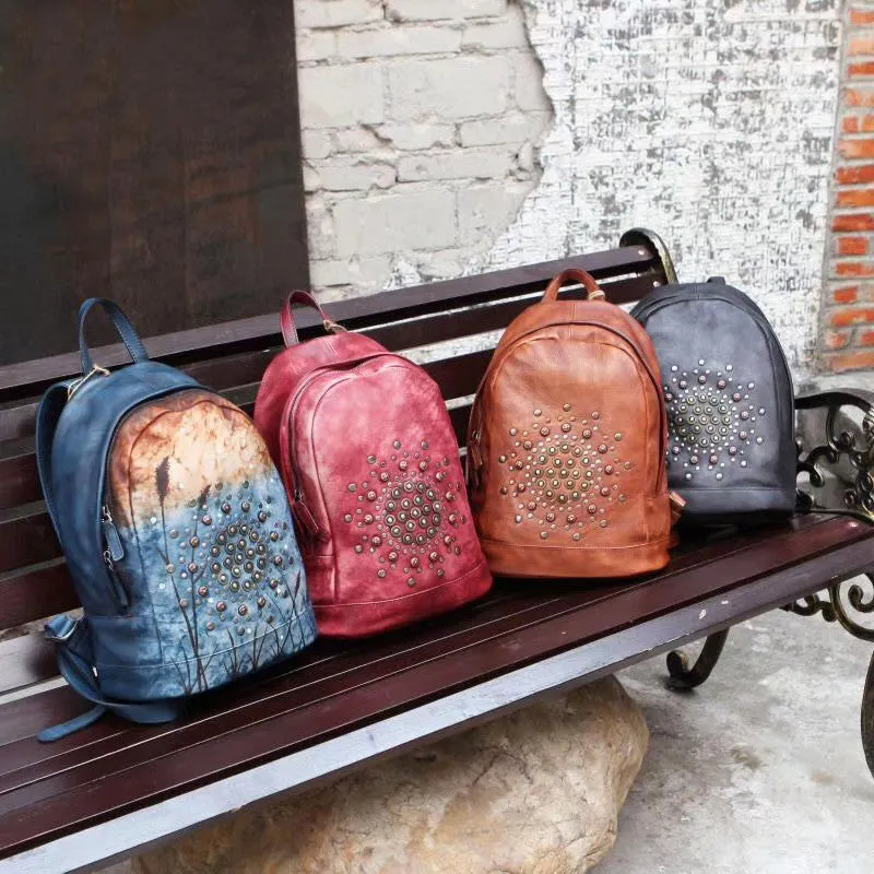 Womens Vintage Boho Leather Backpack Bags Purse Cool Book Bags for Women